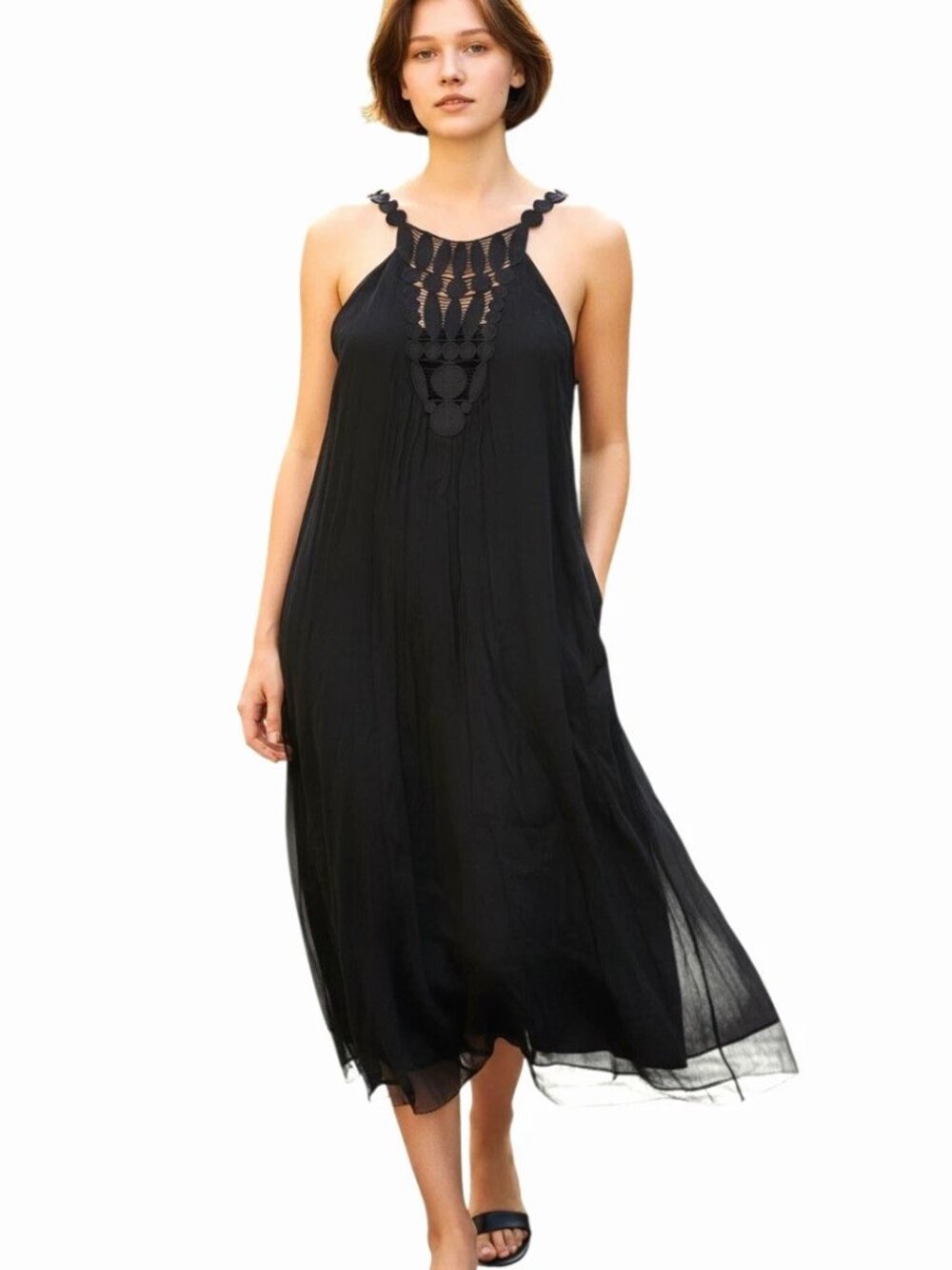 CATHERINE MALANDRINO US-4 Black Crochet Detail Dress 100% SILK Chiffon